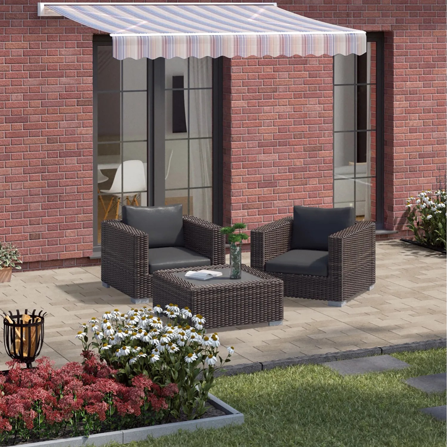 Verlegte Kann Mehrformat-Pflaster Parchetto Beton Cappuccino auf Terrasse mit Gartenmöbeln.