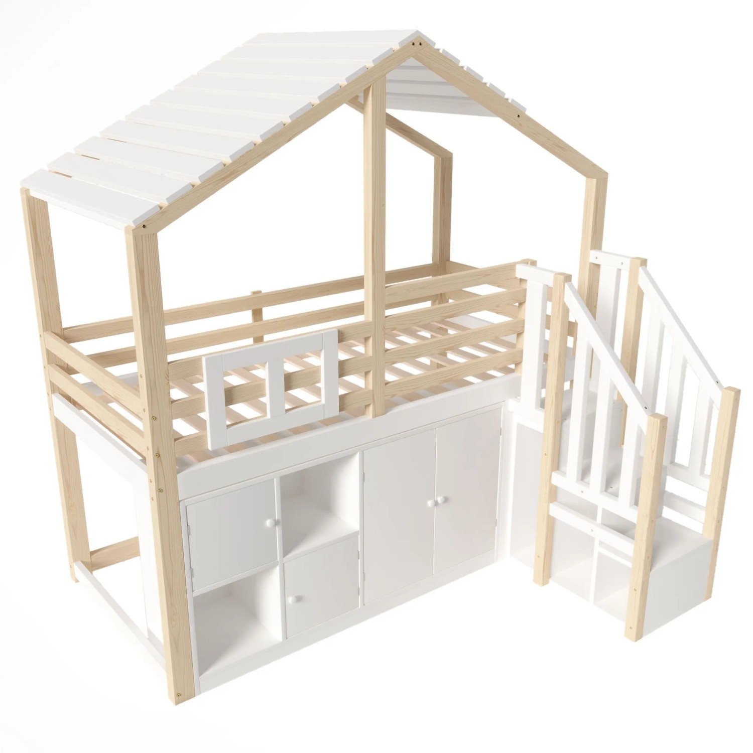 okwish Hochbett 90x200cm mit Hausform Stauraumleiter und Fenster Weiß Natur ohne Matratze