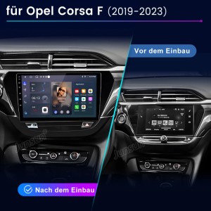 Junsun Autoradio im Opel Corsa F (2019-2023) vor und nach dem Einbau. Großes Touchscreen-Display mit Android.