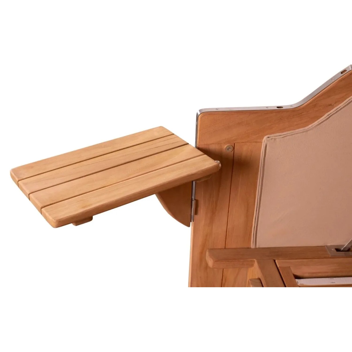 Detailaufnahme: Ausklappbarer Teak-Tisch am Strandkorb Ammersee Grande XL.