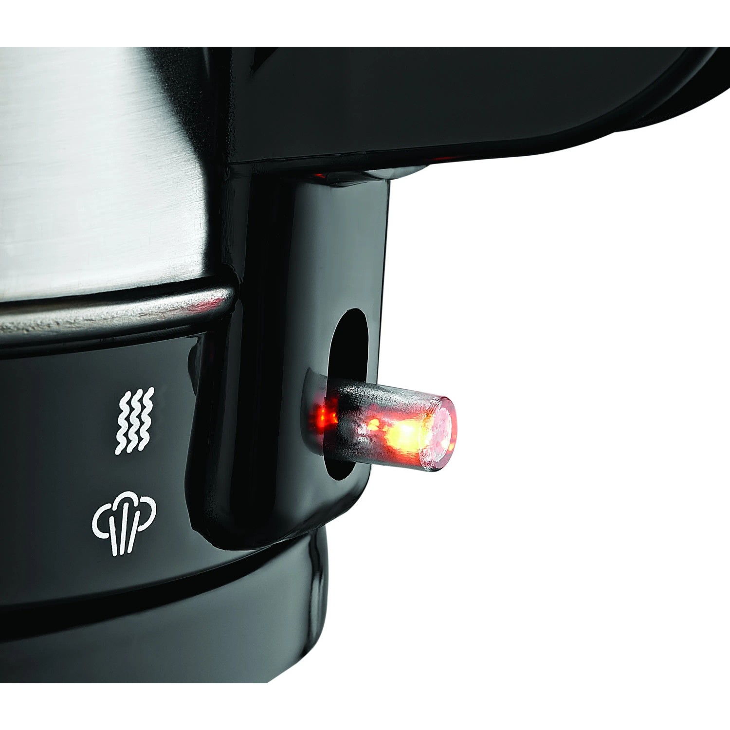 Detailaufnahme Zilan Teekocher: Edelstahl, schwarzes Gehäuse, beleuchteter Schalter.