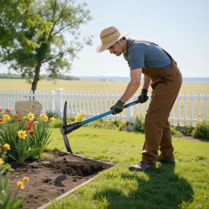 Gärtner mit Wiltec Kreuzhacke lockert Erde im Garten. Blauer Fiberglasstiel, robuster Stahlkopf für Gartenarbeit.