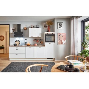 pino Küchenzeile 270 cm, Weiß matt mit Geräteschrank und E-Geräten.