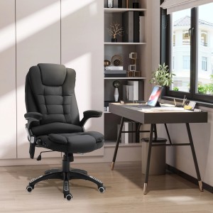Schwarzer Vinsetto Bürostuhl mit Massage- und Wärmefunktion vor Schreibtisch und Regal.
