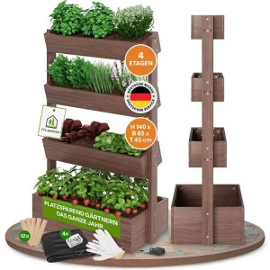TTL GARDEN 4 Etagen Hochbeet Vertikalbeet 140×85×45 cm – Platzsparendes Balkon Hochbeet Aus Holz Braun