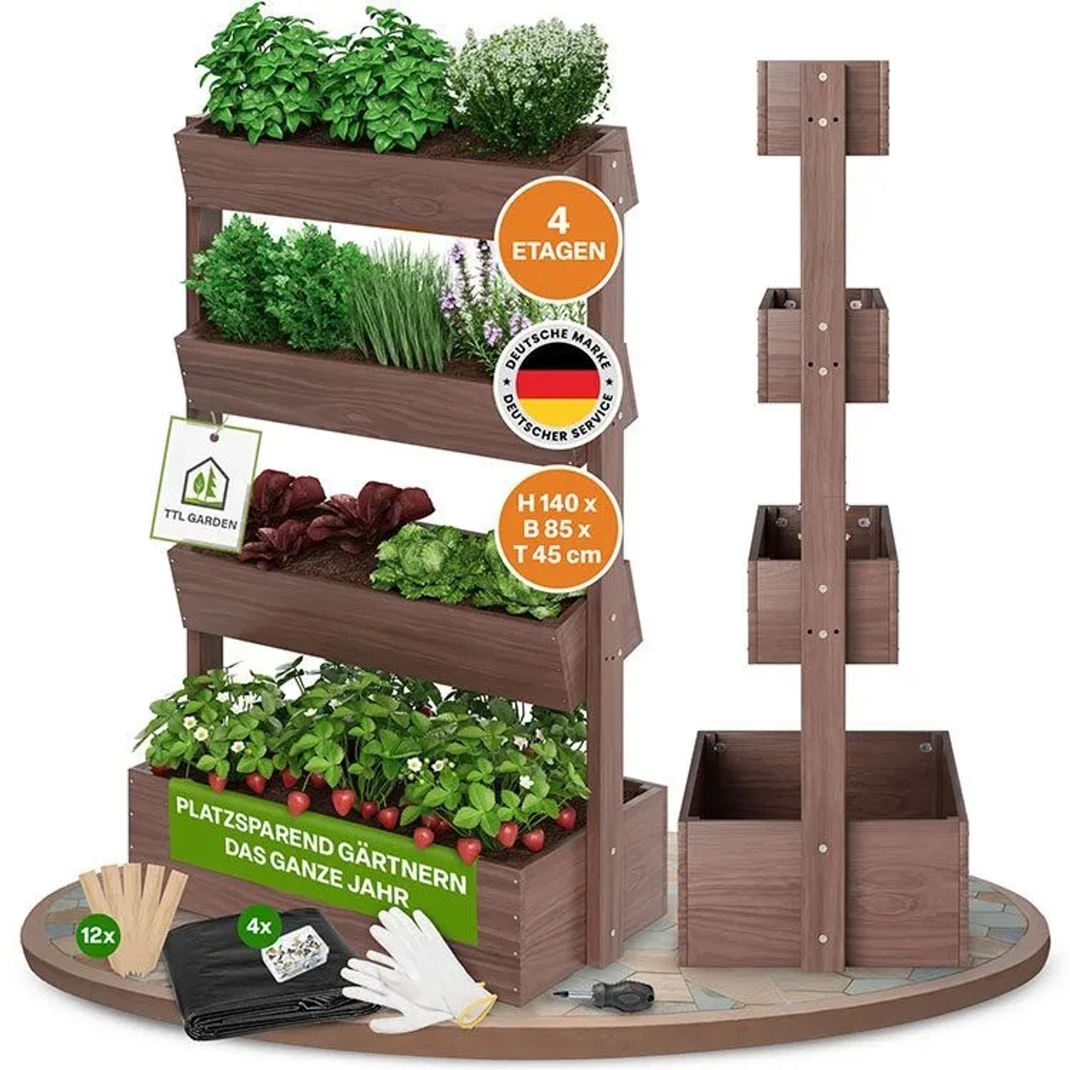 TTL Garden Hochbeet mit 4 Etagen aus Holz, braun, für Balkon und Terrasse. Vertikalbeet für platzsparendes Gärtnern.