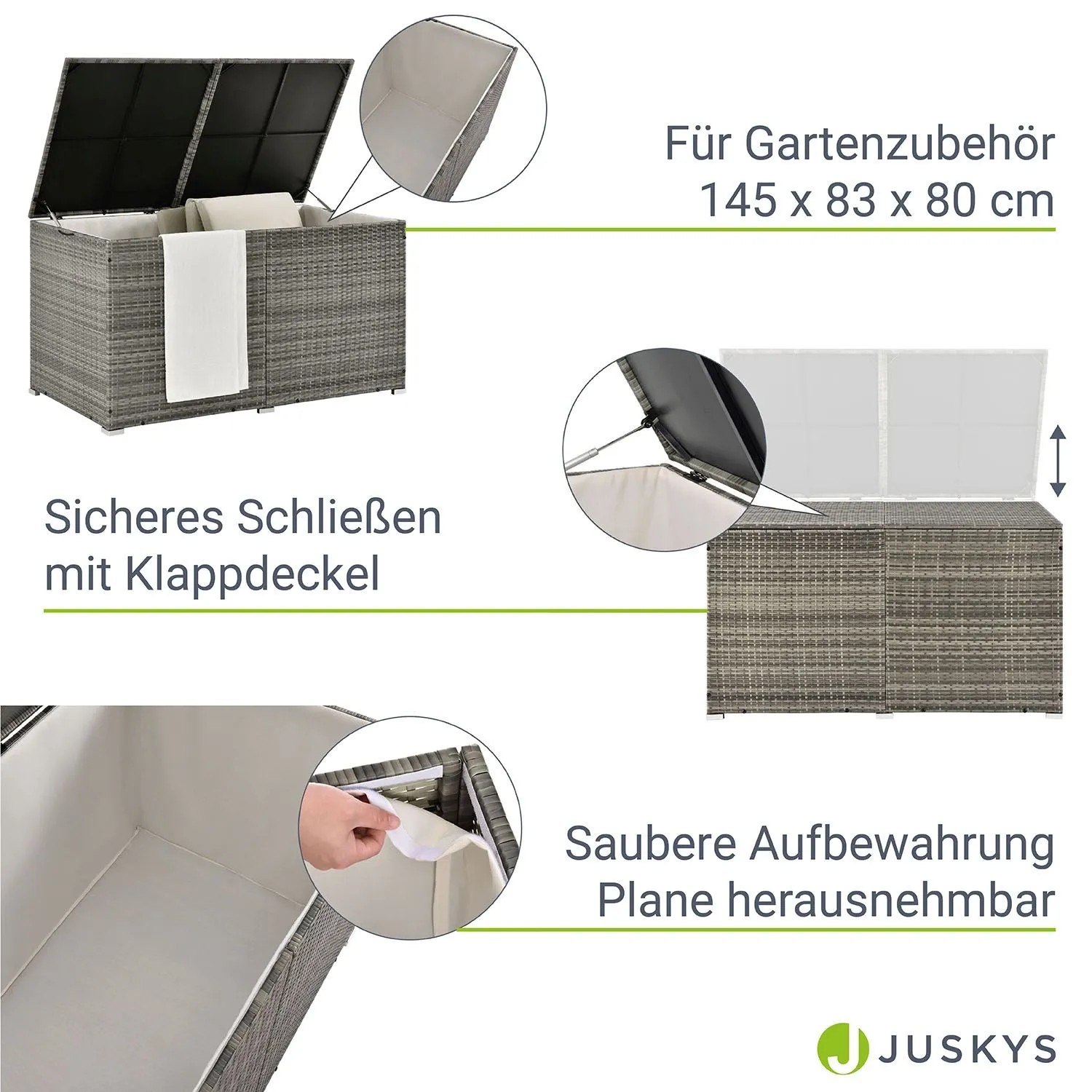 Graue Polyrattan Auflagenbox Ikaria für Gartenmöbel, ideal zur Aufbewahrung von Gartenartikeln.
