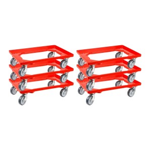 Rote PROREGAL Transportroller für Euroboxen, 60x40 cm, mit Gummirädern. Transporthilfen für Werkstatt, Lager und Garage.