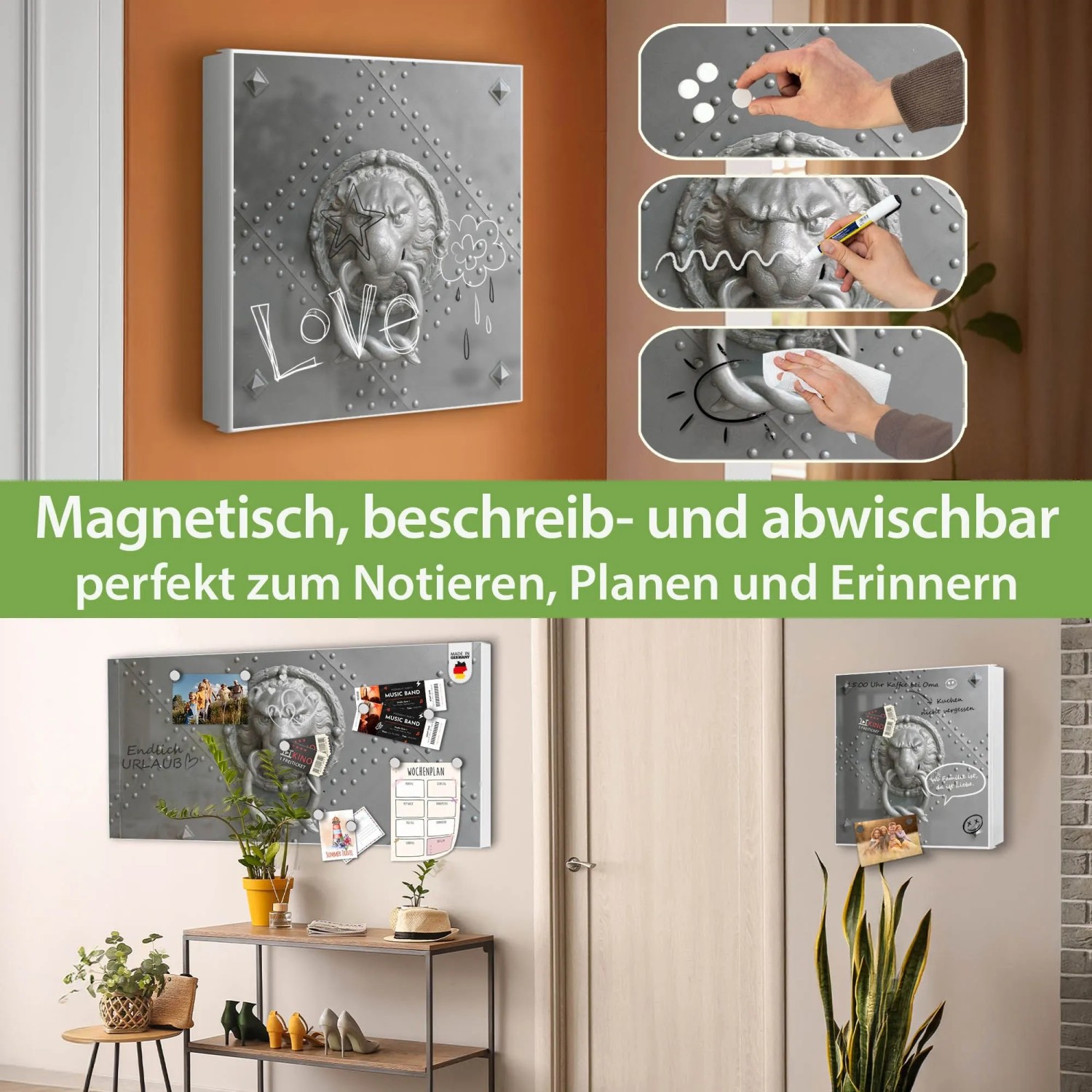 Banjado Großer Schlüsselkasten Metall 30x30cm Weiß Scharnier Links 50 Haken Beschreibbar Magnetisch Motiv Eisentor