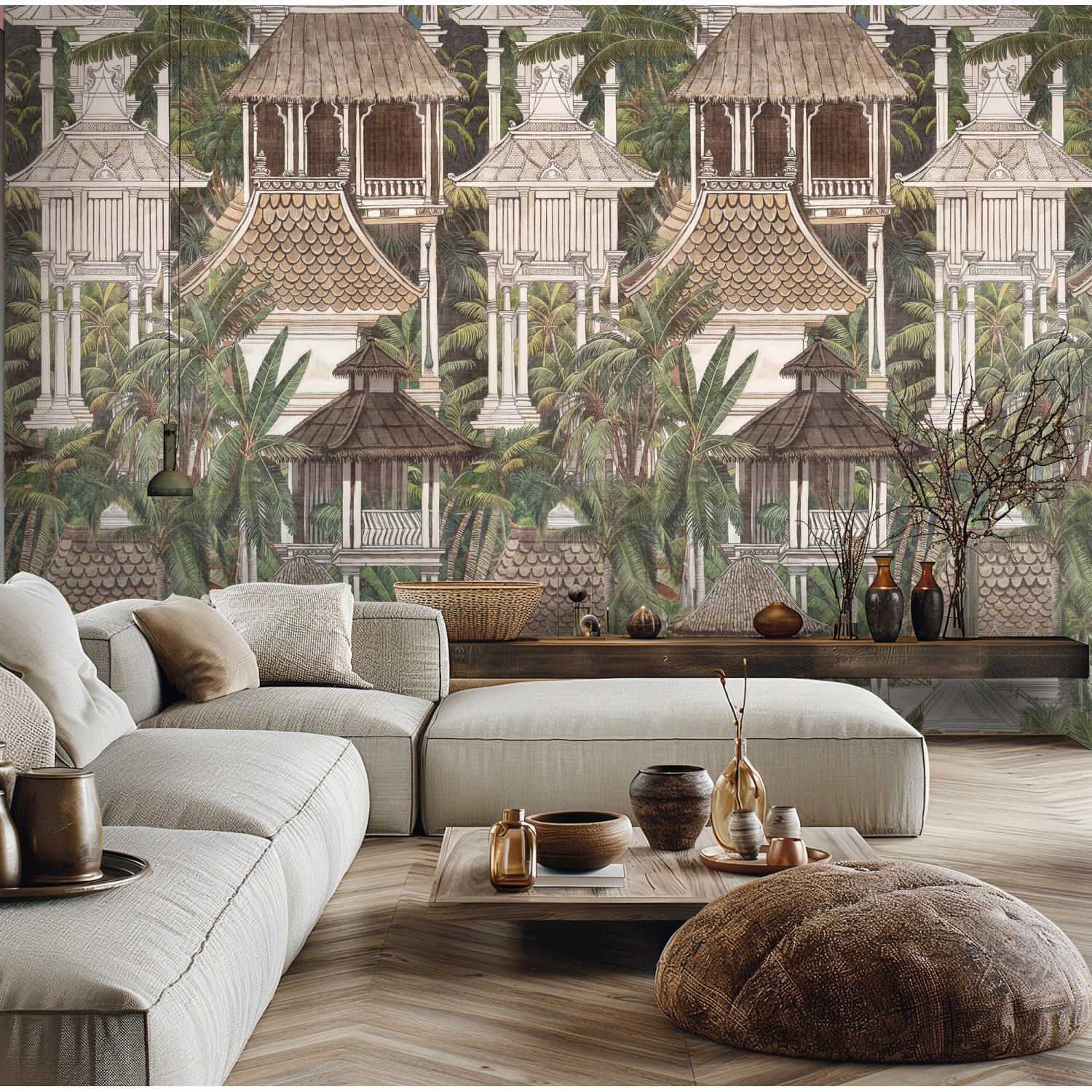 A.S. Creation Fototapete Asiatisch Floral in Beige-Grün mit asiatischem Muster.