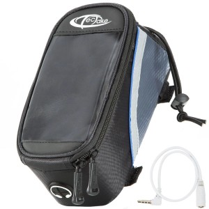 Tectake Fahrradtasche mit Rahmenbefestigung, schwarz-grau-blau, mit Touchdisplay-Fach und Audio-Verlängerung.