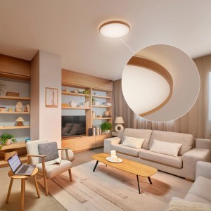 Philips Stylique LED-Deckenleuchte 30 cm in Holzoptik, warmweißes Licht, im Wohnzimmer installiert.