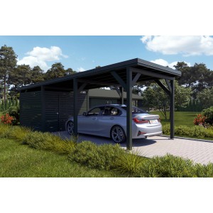 Holzbrüder Carport Ralf mit Geräteraum in Chromoxidgrün und Dornengrün mit Auto.