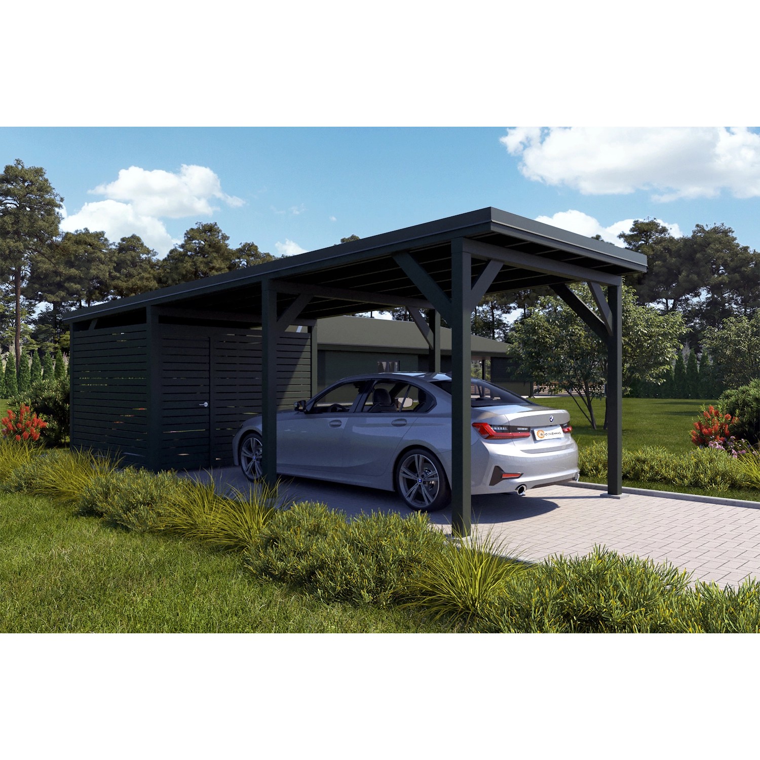 Holzbrüder Carport Ralf 26m² mit Geräteraum Chromoxidgrün-Dornengrün günstig online kaufen