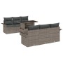 Graues 7-teiliges vidaXL Garten-Sofa-Set aus Poly Rattan mit Tisch und Kissen.