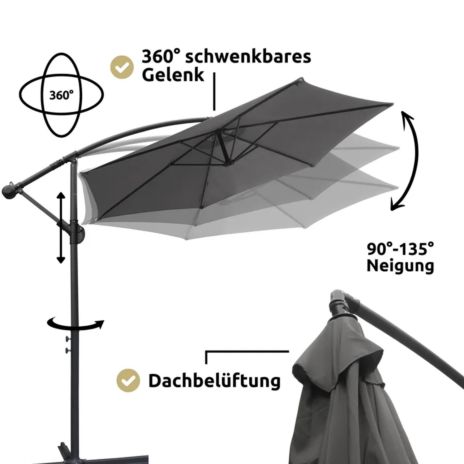 deluxe4home Ampelschirm anthrazit, 270cm, mit 360° Gelenk und Neigungsfunktion.