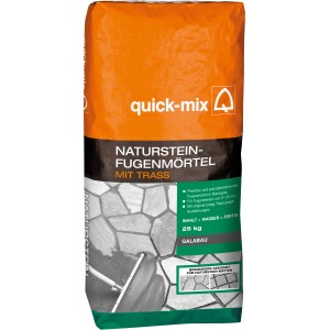 Sack Naturstein-Fugenmörtel Grau, 25 kg, von Quick-Mix. Geeignet für Fugen von 3-25 mm.
