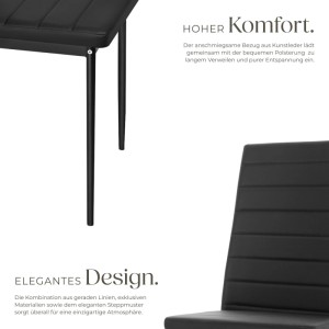 Schwarzer Esszimmerstuhl mit gepolstertem Kunstlederbezug, hoher Rückenlehne und eleganten Steppnähten. Modernes Design.