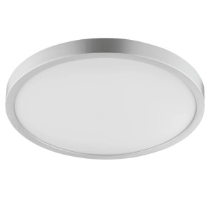 Runde, silberne LED Deckenleuchte Jade, Ø 37,5 cm. Flaches Design, weißer Diffusor, IP44 für Feuchträume.
