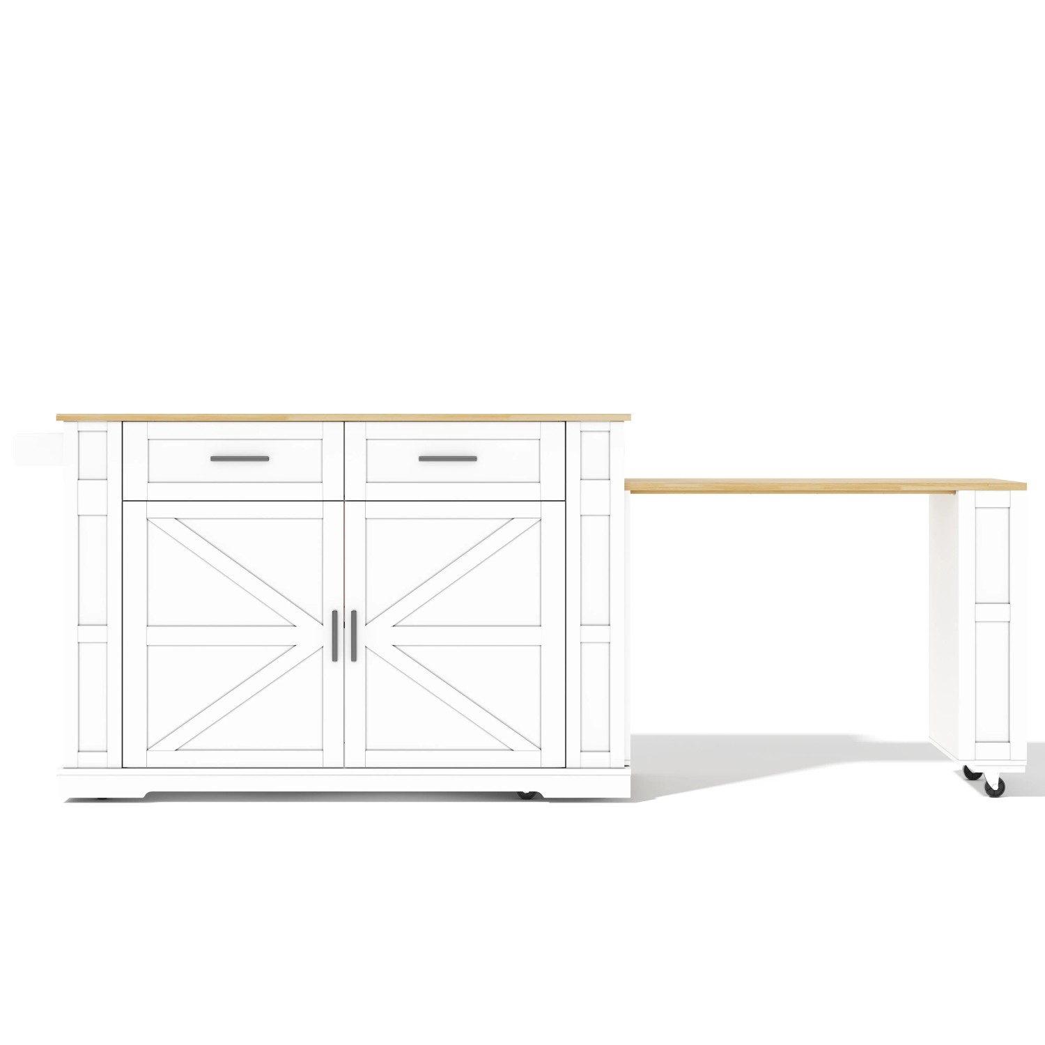 Merax Kücheninsel mit Ausziehplatte  Steckdose  2 Schubladen  Schrank  Rollen 120x50x93cm Weiß/Eiche