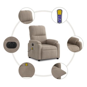 Elektrischer Massagesessel in Taupe mit Fernbedienung und Details.