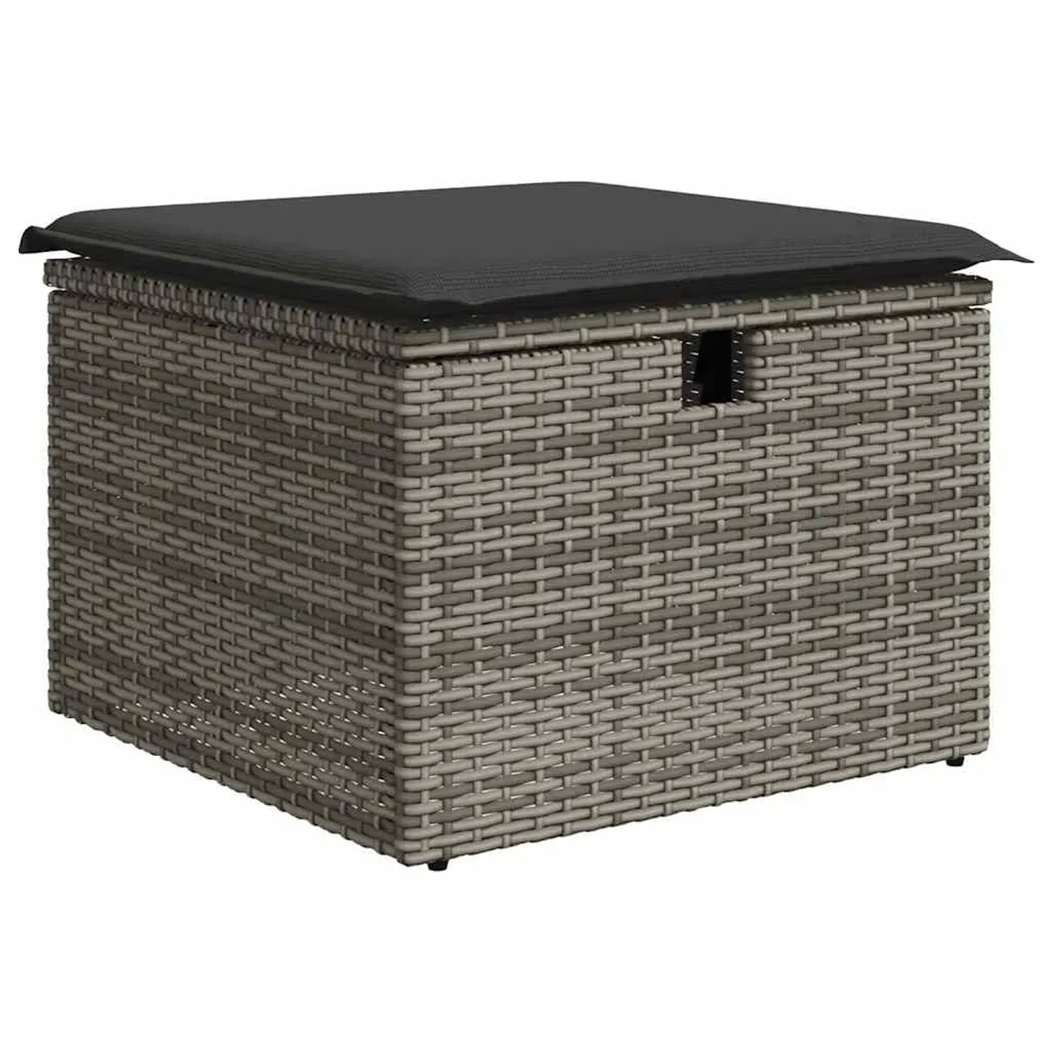Grauer vidaXL Gartenmöbel-Hocker aus Rattan mit dunklem Kissen. Teil einer Sofagarnitur.