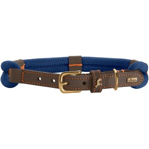 Blaues Hunter Hundehalsband aus Seil und Leder mit goldener Schnalle.