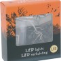 LED-Lichterkette Silberdraht mit Halloween-Motiven (Kürbis, Totenkopf, Geist, Spinne) in Verpackung.