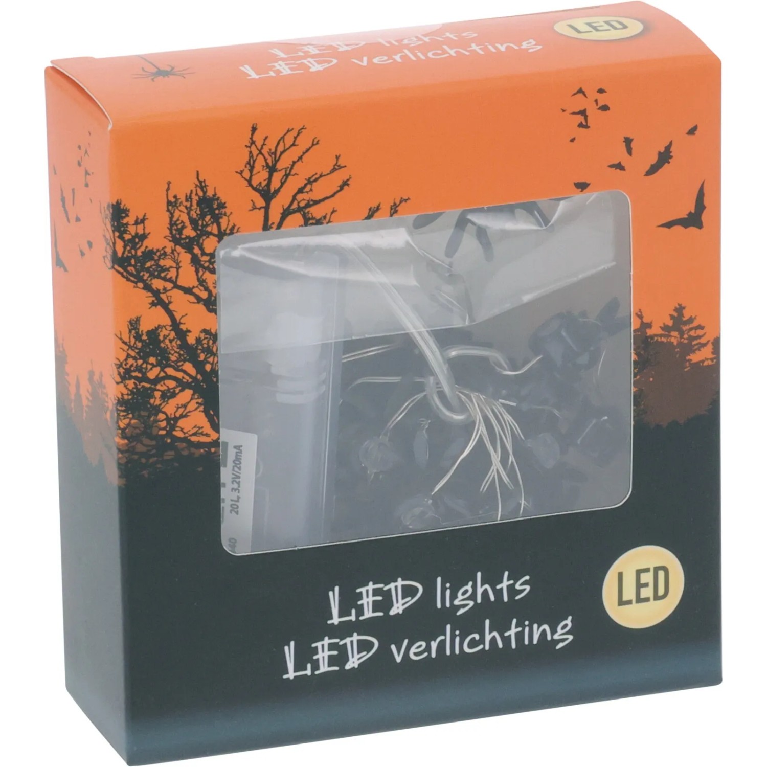 LED-Lichterkette Silberdraht mit Halloween-Motiven (Kürbis, Totenkopf, Geist, Spinne) in Verpackung.