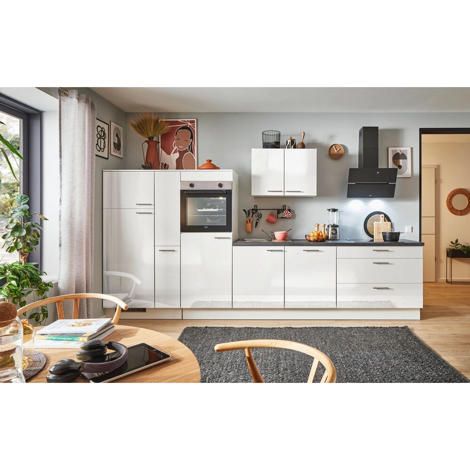 pino Küchenzeile 350cm Weiß Hochglanz Anschlag L 1 Geräte-, 1 Apothekerschr günstig online kaufen