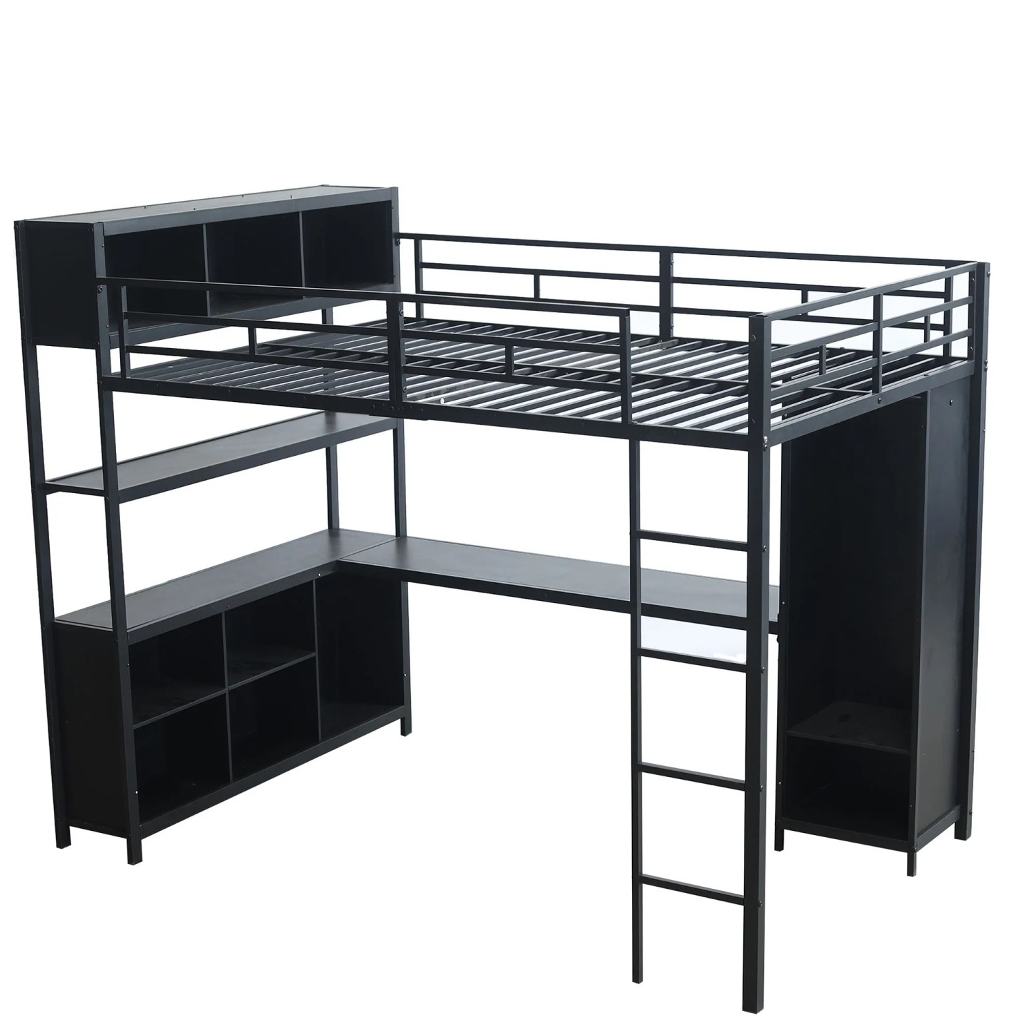 okwish Metall Hochbett 140x200cm mit Schreibtisch und Kleiderschrank Schwarz ohne Matratze
