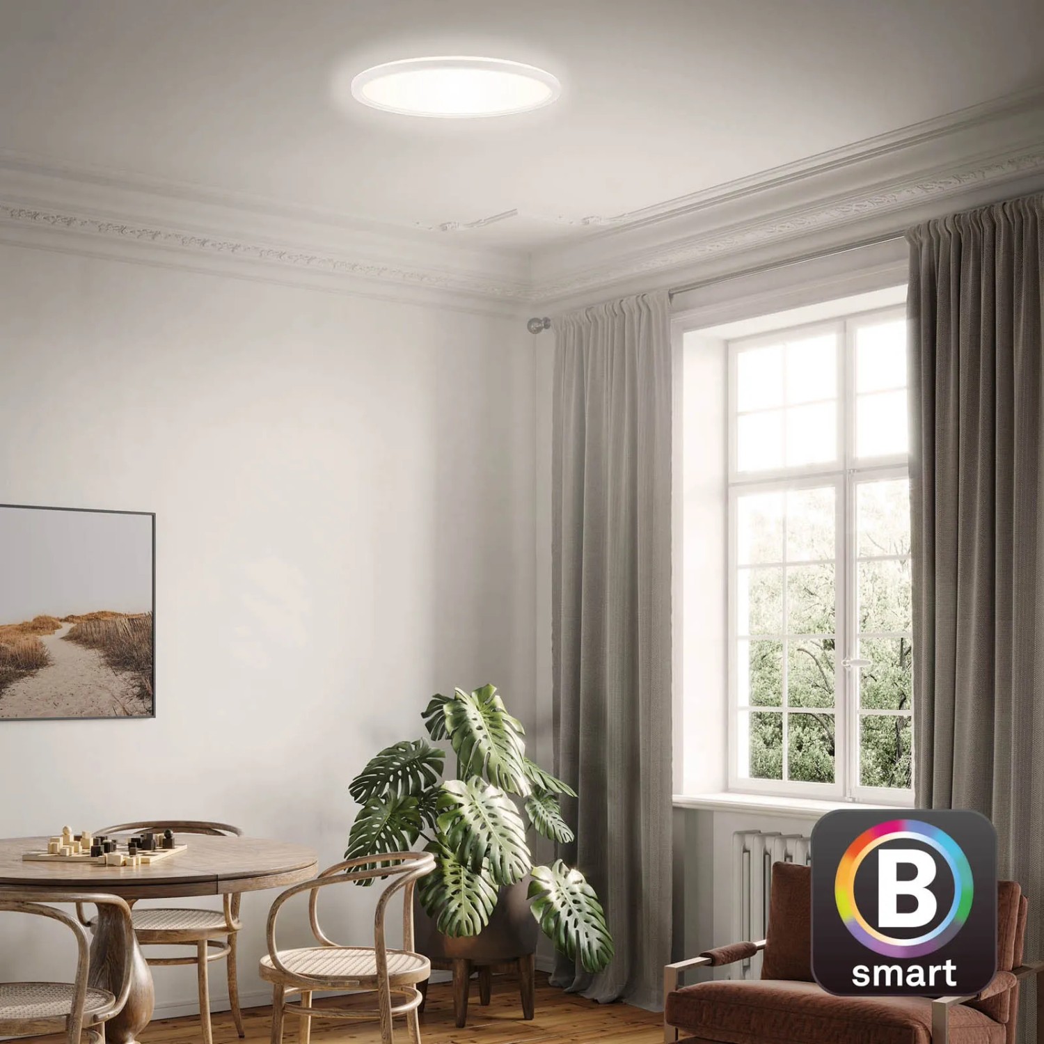 Weiße, smarte Brilo WiFi Deckenleuchte Slim im Wohnraum, steuerbar per App.