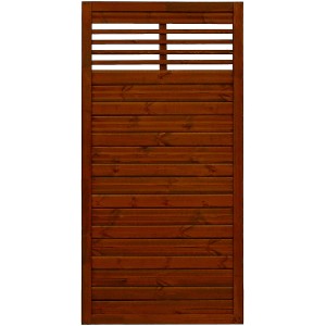 Sichtschutzzaun Nicea, Teakfarben, 180x90 cm, mit gewellten Lamellen und Latten im oberen Bereich.
