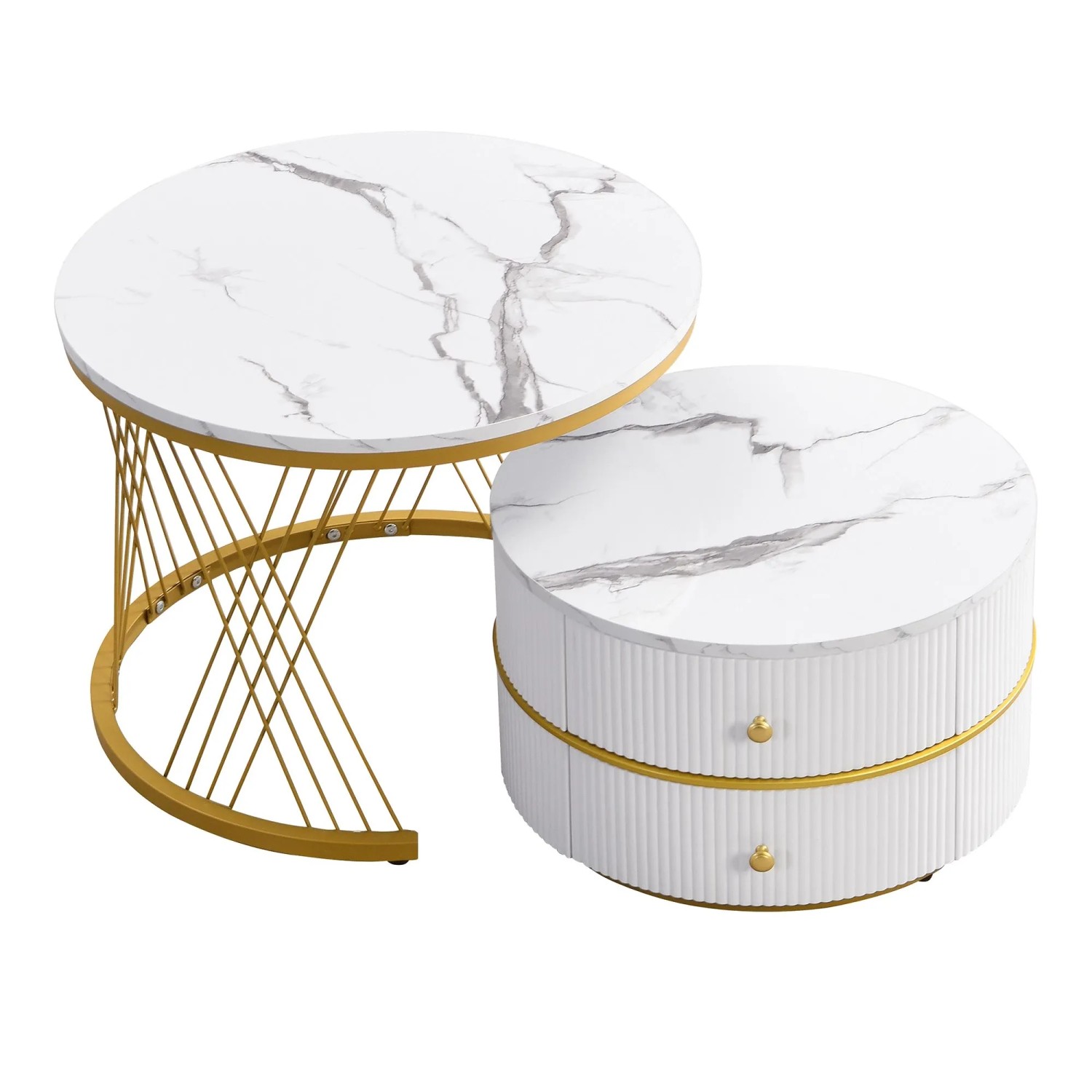 ModernLuxe 2er Set Satztische Hochglanz Marmoroptik mit 2 Schubladen MDF Weiß und Gold