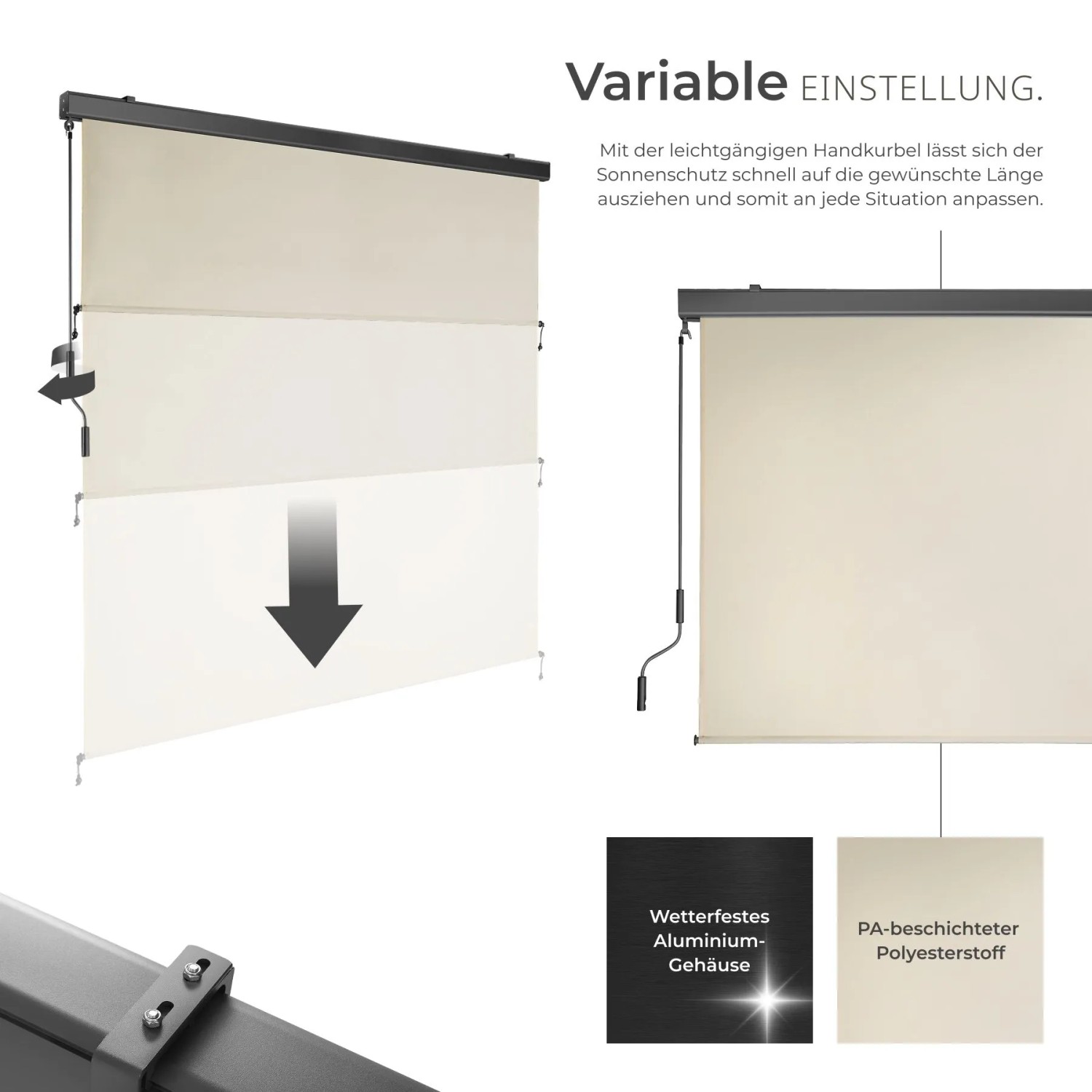 Beige Tectake Senkrechtmarkise Eloise, variabel einstellbar mit Handkurbel, für Terrasse und Balkon.