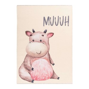 Bunter Kinderteppich mit Kuh-Motiv und dem Schriftzug 'MUUUH', 115x170 cm.