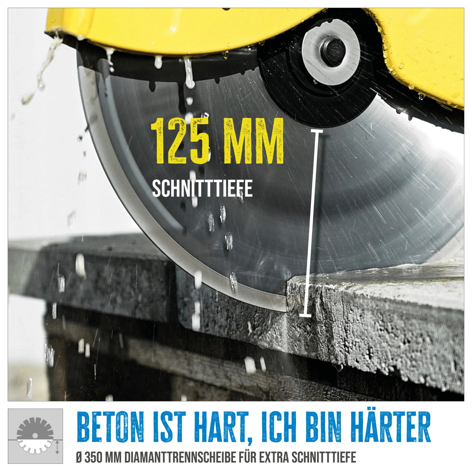 Güde Betontrennschneider GBTS 350.1 in Aktion: Diamanttrennscheibe schneidet Beton, max. 125 mm Schnitttiefe.