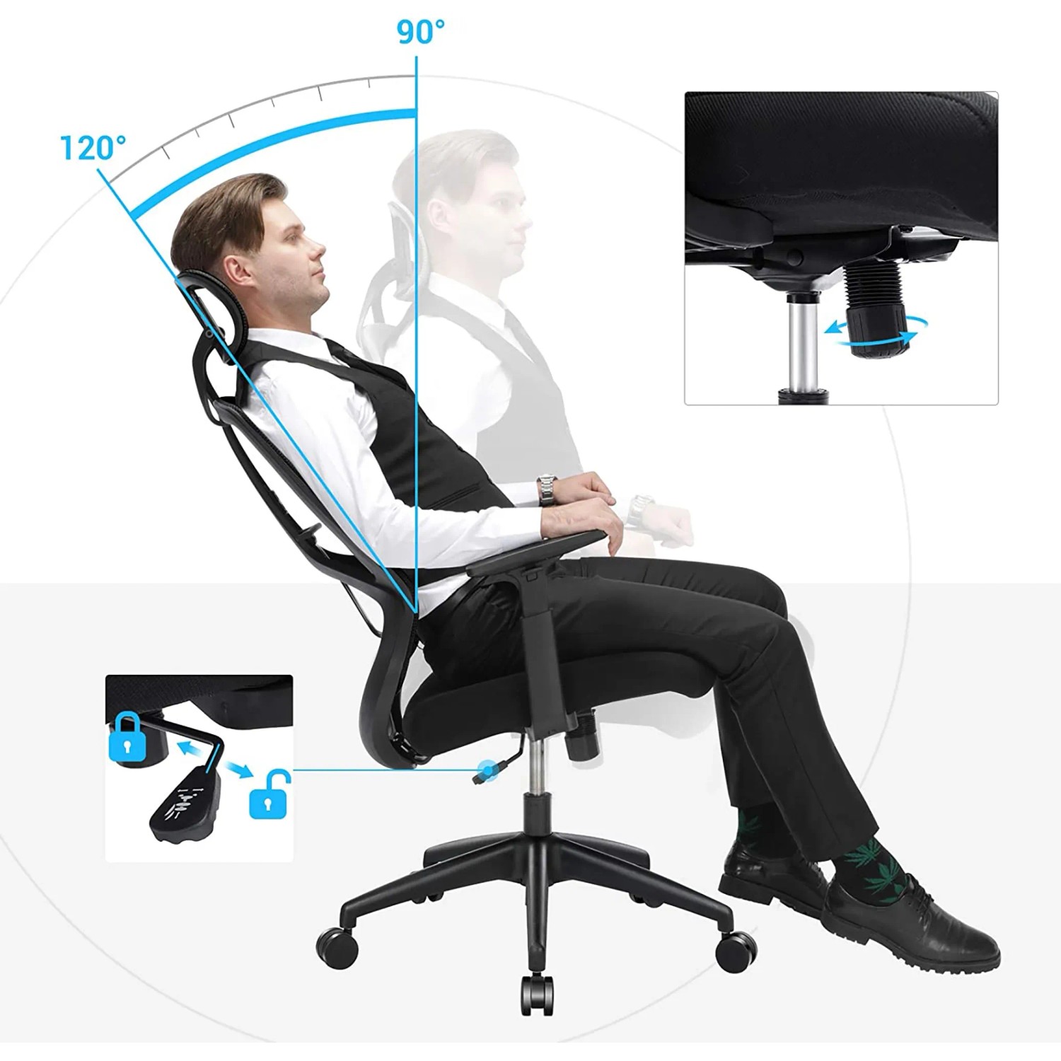 Songmics Bürostuhl, verstellbare Lendenstütze, schwarz, mit Neigungsfunktion und Höhenverstellung.