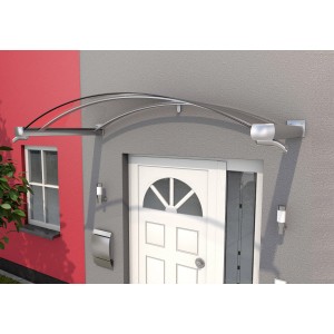 Modernes Bogenvordach in Edelstahloptik mit Acrylglas und Regenrinne am Hauseingang.