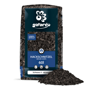 Palette Galamio Holzhackschnitzel Schwarz, 2340l (39 Säcke à 60l) als Dekormulch.