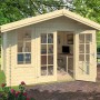 Lasita Gartenhaus Robin 280 aus unbehandeltem Holz mit Doppeltür und Fenstern.