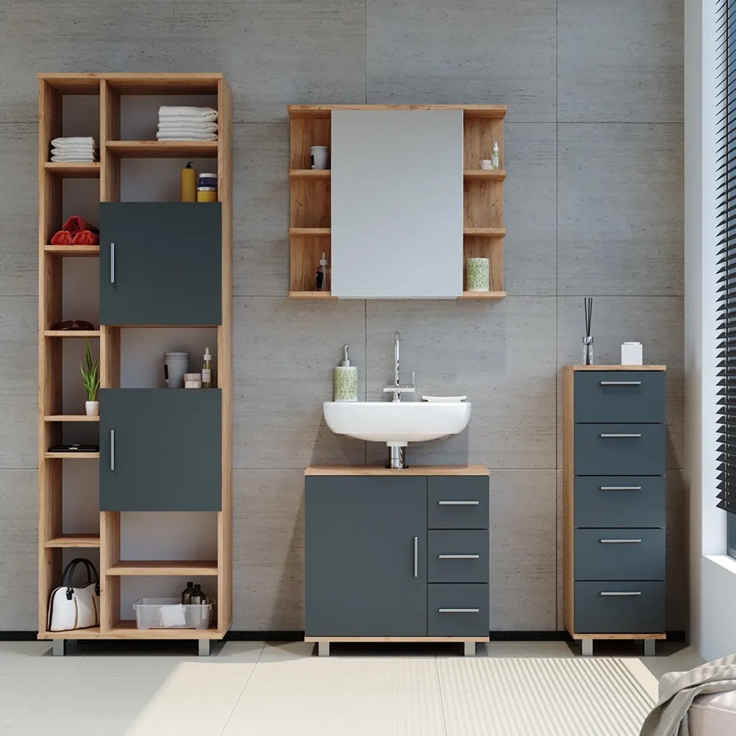 Vicco Badschrank Ilias in Eiche/Anthrazit (30x95cm) mit Schubladen für Badutensilien.