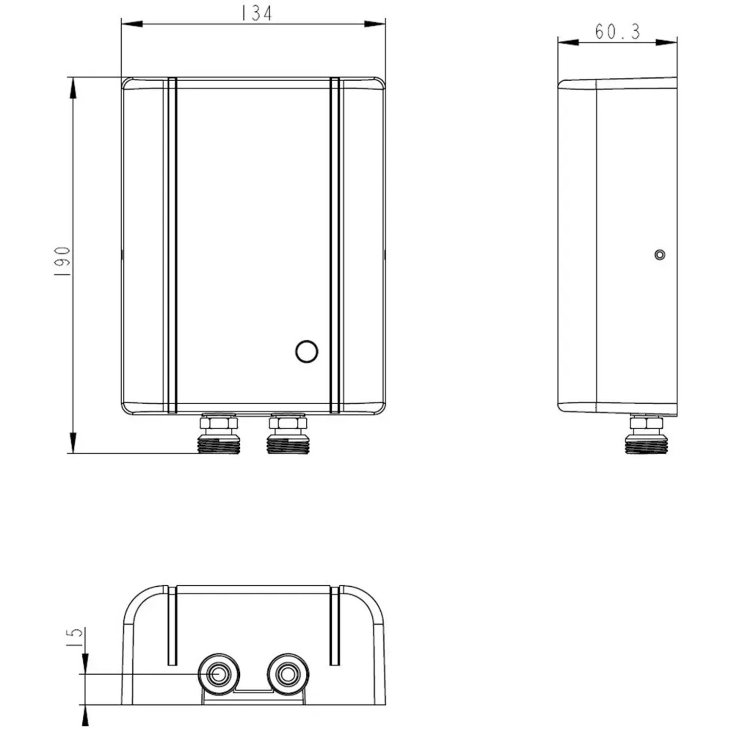 Technische Zeichnung Thermoflow Kleindurchlauferhitzer ELEX 5,5 kW mit Maßen.