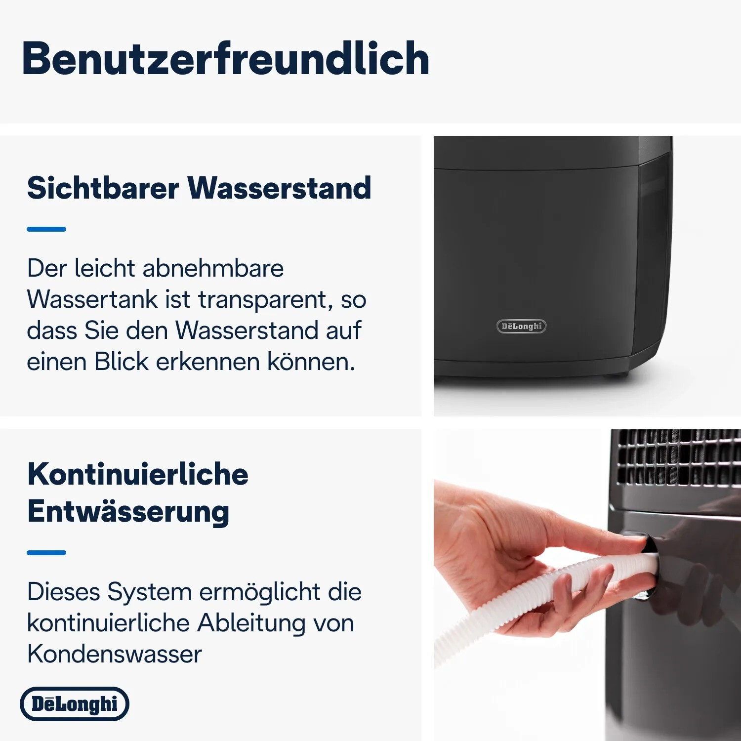 DeLonghi Luftentfeuchter Set: Detailansicht Wasserstand und Entwässerung.