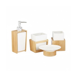 Relaxdays Badezimmer Set Keramik Bambus Weiß Vierteilig 20 cm x 8,5 cm x 5,5 cm