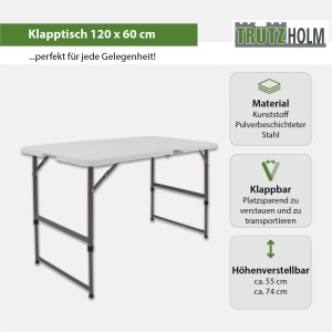 TRUTZHOLM Campingtisch, 120x60cm, klappbar und höhenverstellbar.
