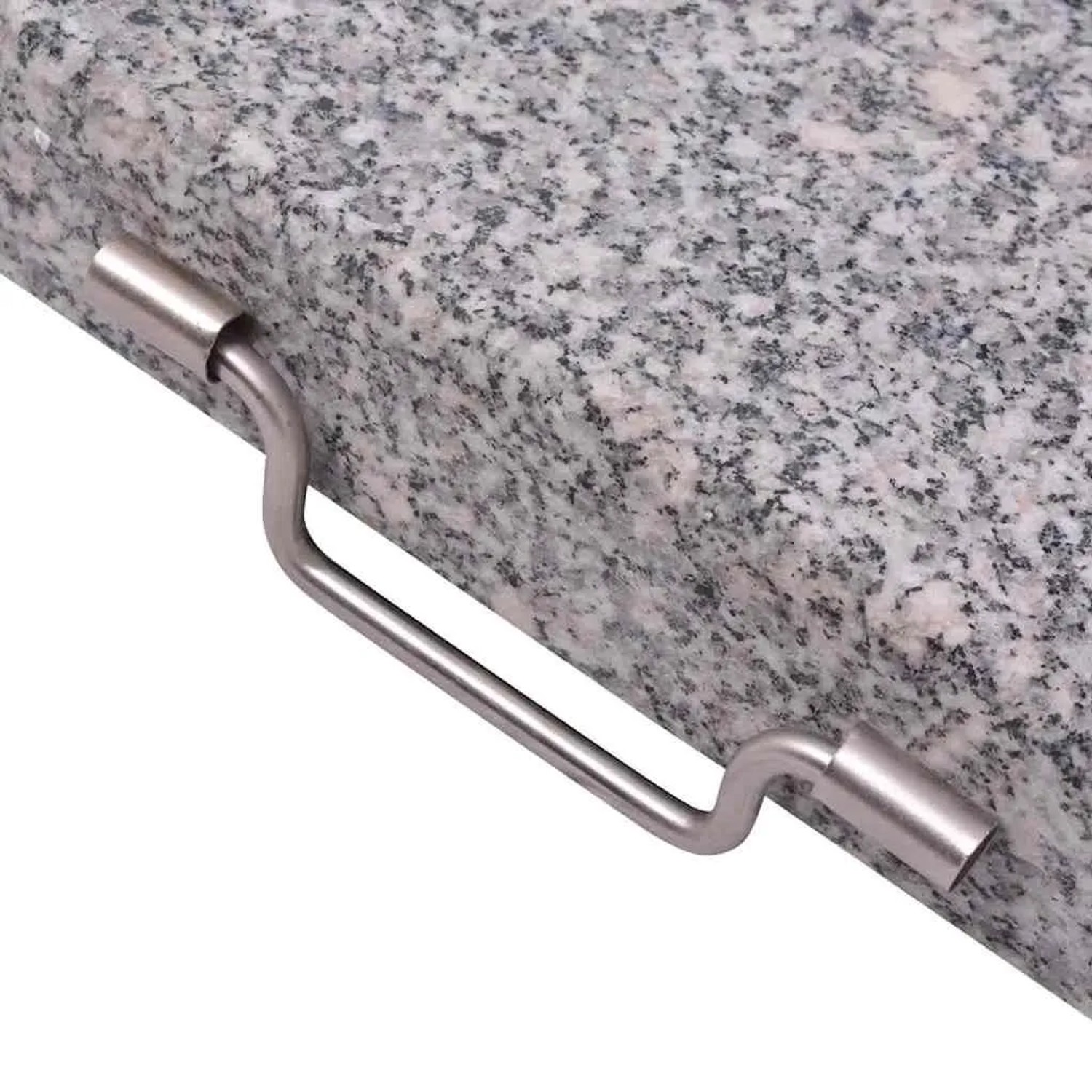 Detailaufnahme: Grauer vidaXL Schirmständer (45 cm) aus Granit mit Edelstahlgriff.