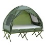 Grünes Campingzelt Set für 2 Personen mit Feldbett und Luftmatratze. Erhöht, mit Netzfenstern.