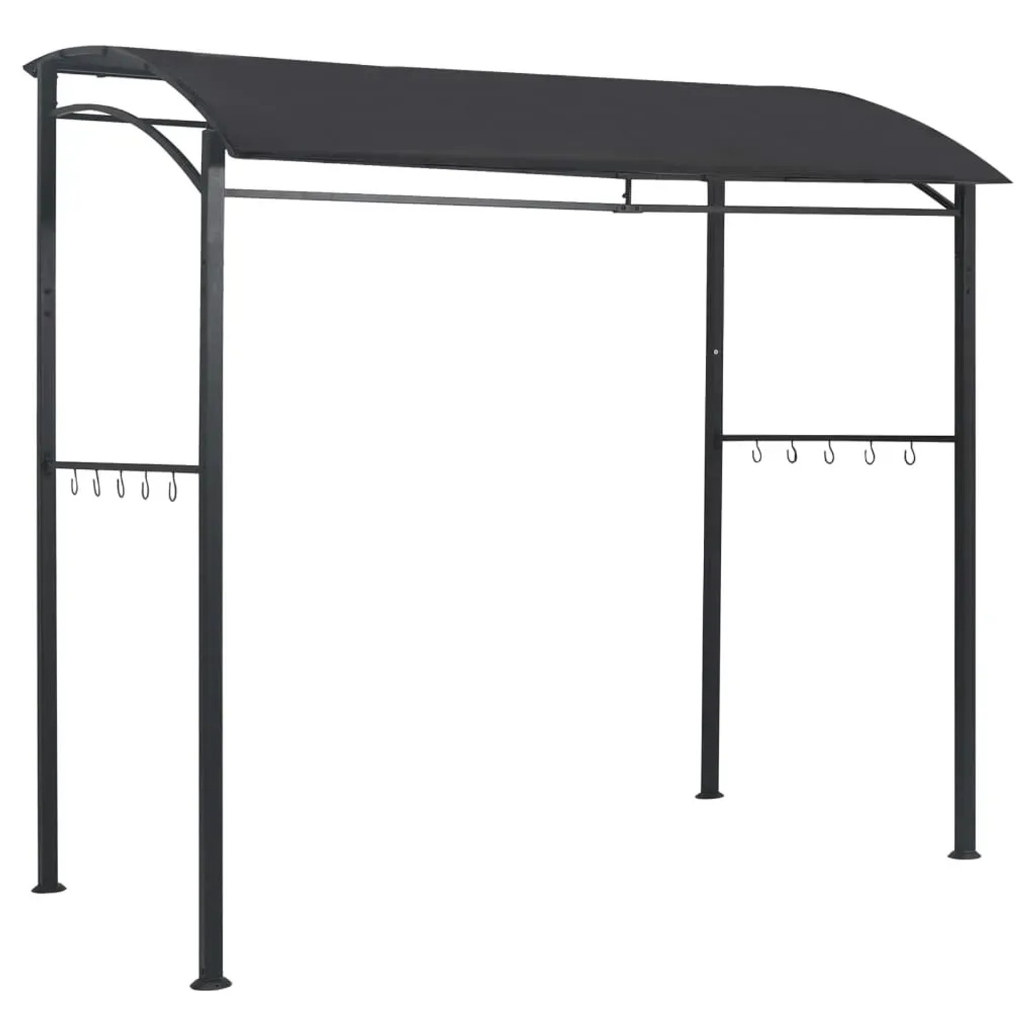 Anthrazitfarbener BBQ-Pavillon (215x150x220 cm) aus Stahl mit Haken für Grillzubehör.