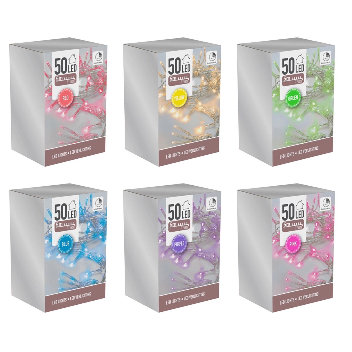 LED-Lichterkette 50 LEDs mit Timer Transparentes Kabel Bunt 6-fach Sortiert